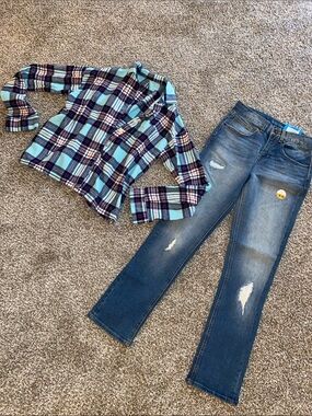 🖤 Girls Small Flannel & New Denim Jeans(Size 12)  Bundle